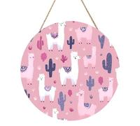 Pink Llama Cactus Round Wood Panel Painting 12 Inch Hanging Plaque Rustic Farmhouse Wall Art Home Decor with Rope