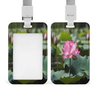Pink Lotu Flowers Badge Holders with Push-Pull Slot&Lanyard Waterproof Plastic Vertical Work ID Card Holder Portable Travel Document Protector Detachable Card Protector