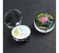 Pink Lotu Flowers Pill Box with Mirror 3 Compartment Decorative Pill Case for Purse or Pocket Small Round Pill Organizer Weekly Metal Medicine Tablet Vitamin Holder Travel Gift