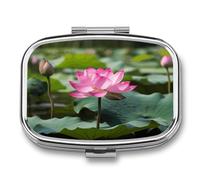 Pink Lotu Flowers Pill Organizer Metal Pill Case with 2 Compartments Small Pill Box Medication Holder Travel Pill Container Square Medicine Organizer Portable Medicine Box