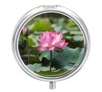 Pink Lotu Flowers Pill Organizer Round Pill Box Small Pill Case with 3 Compartment Travel Pill Container Portable Medicine Box Metal Medicine Organizer Medication Holder