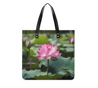 Pink Lotu Flowers Square PU Leather Tote Bag