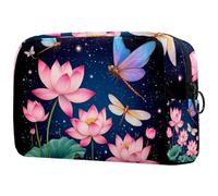 Pink Lotus Flowers and Flying Dragonflies Cosmetic Makeup Bag Small Travel Zipper Pouch Portable Toiletry Bag Makeup Organizer for Women Girls