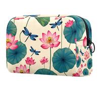 Pink Lotus Flowers and Flying Fantasy Dragonflies Small Makeup Bag for Women Cosmetic Storage Bag with Zipper Beauty Accessories Organizer Bag