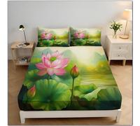 Pink Lotus Leaf Bedding Fitted Sheet Double, Watercolor Art Fitted Sheet Extra Deep Pocket 30 Cm Soft Microfiber Breathable Bed Sheets 135x190x30cm, Green
