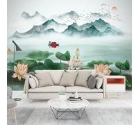 Pink Lotus Lotus Leaf Mountain Bird Modern 3D Wallpaper Premium Textured Silk Neutral Tones Material Ideal for Living Room Bedroom-150cm×105cm
