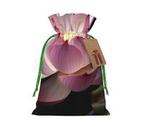 Pink lotus Printed Christmas Drawstring Bags Reusable Xmas Bag for Party Xmas Gift Wrapping, Green Ribbon, S