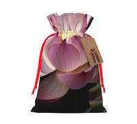 Pink lotus Printed Christmas Drawstring Bags Reusable Xmas Bag for Party Xmas Gift Wrapping, Red Ribbon, M