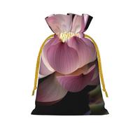 Pink lotus Printed Christmas Drawstring Bags Reusable Xmas Bag for Party Xmas Gift Wrapping, Yellow Ribbon, S