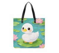 Pink Lotus with White Ducks Square PU Leather Tote Bag