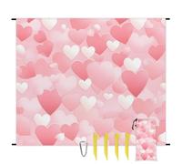 Pink Love Heart Beach Blanket Sandproof Waterproof Lightweight Beach Mat for Travel, Camping, Hiking, Picnic, Festivals with 4 Stakes, 1 Travel Carry Bag, 1 Carabiner