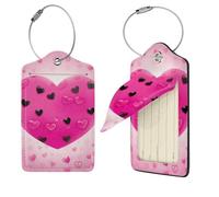 Pink Love Heart Luggage Tag PU Leather Suitcase Tags Identifiers Travel Tags with Privacy Protection and Stainless Steel Loop Luggage Bag Tag for Women Men, Black, 2 Pcs