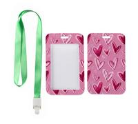 Pink Love Hearts ID Card Holder with Green Lanyard, ID Card Holder Lanyard, Vertical Name Badges Protector for Driver, Vertical Cards Protector for Women, Teacher Stuff Nurse Essentials Work