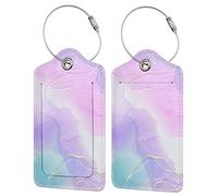 Pink Luggage Tags 2 Pack for Girls Women, Watercolor Light Purple and Cyan Blue Background Leather Suitcase Tags Identifiers, Cute ID and Name Labels with Privacy Covers for Backpack Travel Bag