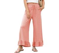,Pink,M,Women's Summer Ruffled Nine-point Pants, Wide Leg Pants Thin Loose Casual Home Breathe Trousers, Wearable Outside