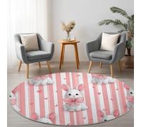 Pink Machine Washable Round Rug 90 cm, Easter Element Bunny Vertical Stripes Non-Slip Carpet, Short Pile Living Room Round Rug for Bedroom Study Office Hallway Children's Room and Kitchen