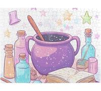 Pink Magic Cauldron with Star Pattern&Spell Books Wooden Puzzles for Adults Whimsical Wizardry Scene Relaxing Activity for Girls&Craft Lovers Great Gift to Yule&Cosplay Parties_300pcs