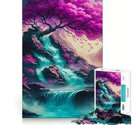 Pink Magical Tree Waterfal Jigsaw Puzzles 1000 Piece for Adults Think Smart Toy Together Fun Accurate Cut Art Display (38x52cm)