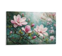 Pink Magnolia Blossoms Teal Mist Floral Branch Poster Wall Art08x12inch | Decorative Canvas Prints for Living Room Bedroom Office Hallways Entryway Home Decor Housewarming Birthday Holiday Gift Ideas