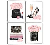 Pink Makeup Room Wall Art Fashion Perfume Flowers Handbag Poster Pictures Canvas Prints Framed for Women Bedroom Rose Gold Room Decor