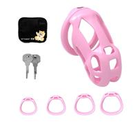 Pink Male Chastity Cage - BDSM Cobra-Style Device with 4 Adjustable Rings & Secure Lock - Lightweight ABS Cock Cage for Sissy Play, BDSM Training, Roleplay & Long-Term Wear