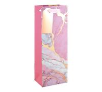 Pink Marble Bottle Gift Bag 35cm - Paper Wine & Champagne Bottle Present Bag with Pink Ribbon Handles & Gold Name Tag