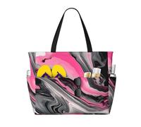 Pink Marble Grey Waterproof Beach Tote Bag with Zipper and Art Print