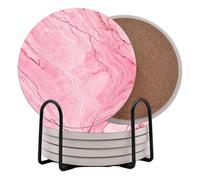 Pink Marble Round Coasters Set of 6 - Abosrbent Ceramic Coasters with Metal Stand for Drinks, Beer, Coffee, Non-Slip Cork Back for Tabletop Protection, 4 Inches (Pink 2)