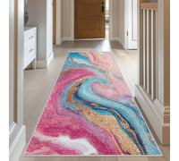 Pink Marble Texture Hallway Runner Rug 80 x 250, Abstract Fluid Art Runner Rugs for Kitchen Entryway, Non Slip Washable Long Carpet, Blue Gold Swirl Decor for Bedroom Living Room, Pink(S&c136)