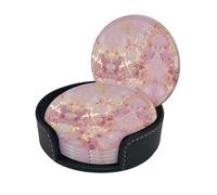 Pink Marble Texture Print Chic Round Leather Coasters â€“ Set Of 6 Full-Print Coasters In A Premium Pu Leather Storage Box