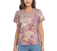 Pink Marble Texture Print Lightweight Casual Summer Fashion Trend Women's V-Neck T-Shirt,Summer Fun Short Sleeve