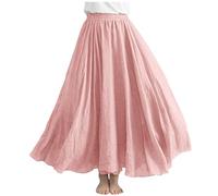 Pink Maxi Skirts for Women UK Long Pleated Skirts Ladies Summer Elasticated Waist Linen Flared A Line Swing Boho for Holiday Beach Dance