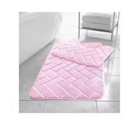 (Pink) Memory Foam Non Slip Bath Mat Set 2 Piece Rubber Pedestal Toilet Bathroom Rug Retro