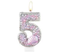 Pink Mermaid 5th Birthday Candles, Purple Shell Number 5 Candle with Purple Pink Pearls Silver Sequins, Mermaid Candles Cake Topper for Girls Boys Mermaid Themed Birthday Party Decorations Supplies