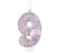 Pink Mermaid 9th Birthday Candles, Purple Shell Number 9 Candle with Purple Pink Pearls Silver Sequins, Mermaid Candles Cake Topper for Girls Boys Mermaid Themed Birthday Party Decorations Supplies