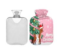 Pink Merry Christmas Deer and Rabbit hot Water Bottles with Soft Cover 2L Warmer Bag for Hand Feet Warmer Tummy Warmer Bolsa de agua Caliente para el Dolor