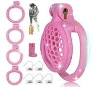 Pink Mini Chastity Cage for Men with 4 Testicle Rings Honeycomb Breathable Cock Cages Dark Lock Design SM Penis Sex Toy for Man Couple (Flat Ring)