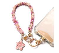Pink Mobile Phone Pendant Flower Mobile Phone Chain Short Wrist with Triangular Patch Mobile Phone Strap Short Metal Twisted Chain Mobile Phone Pendant Key Ring Flower Keychain Aesthetic Wrist Strap