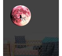 Pink Moon Cat Wall Decal, Large Luminous Full Moon with Tree Branch Silhouette, Decorative Wall Sticker for Bedroom 30×30CM