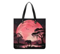 Pink Moon Elephant Square PU Leather Tote Bag