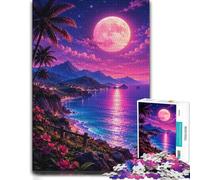 Pink Moon Tropical Beach Wooden Puzzle for Adults, Hobby, 500 Pieces | Adult Puzzle: thoughtful Christmas gift for adults, activity for family time.