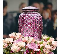 Pink Mosaic Glass Cremation Urn - Hand Made Funeral Urn for Human Ashes - Large Adult Size Burial Urn - Hand Applied Individual Tiles Create a one of a Kind Work of Art - 200 cu in