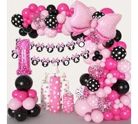 Pink Mouse 1st Birthday Decorations 125pcs Cartoon Balloon Arch -Pink Black Ballon Garland, Birthday Banner,1 balloons,Mouse Theme Foil Fringe Curtains For Girls Bir-thday Party Supplies