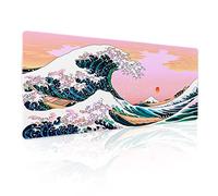 Pink Mouse Pad Cute Japanese Wave Gaming Mousepad XL Anime Sunset Extended Large Desk Cover Big Table Mat Non-Slip Rubber Base Stitched Edge Long Keyboard Playmat for Laptop Gamer Office,31.5×11.8 in