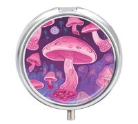 Pink Mushroom Pill Box 3 Compartment Travel Pill Organizer 3 Times A Day Cute Mini Pill Case for Purse & Pocket Portable Metal Medicine Box with Mirror Round Daily Medicine Vitamin Container