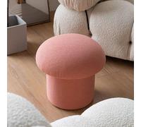 Pink Mushroom Stool - Soft Lamb Wool Fabric Round Foot Rest Solid Wood Base for Living Room Bedroom Kitchen & Balcony - Compact Small Design