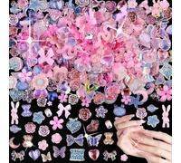Pink Nail Bow Charms Kit, 400Pcs 3D Nail Decorations for Nail Art, Multi-Shape Nail Accessories Including Bows, Hearts, Stars for DIY Crafts and Nail Designs