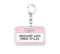 Pink Name ID Badge Obsessed With Harry One 1D Direction Styles Acrylic Plastic Metal Enamel Decorative Keyring Bag Charm Key Ring Chain Keychain Personalised Clip Name Clasp Custom Design