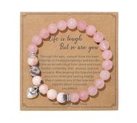 Pink Natural Stone Beaded Bracelet - Handmade Gemstone Jewellery with Heart Charm & Inspirational Card, “Life is Tough but So Are You” Positive Gift for Birthday, Friendship & Everyday Wear