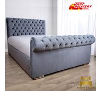 (Pink (No Mattress), 5ft King (No Gaslift)) Scroll Sleigh Double Bed Frame Velvet Upholstered with Mattress & Ottoman Gas Lift Storage option Hand Made UK